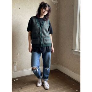 Vtg CRICKET Sweater Vest Unisex Large Green Wool Knit Cardigan Grandpa Academia